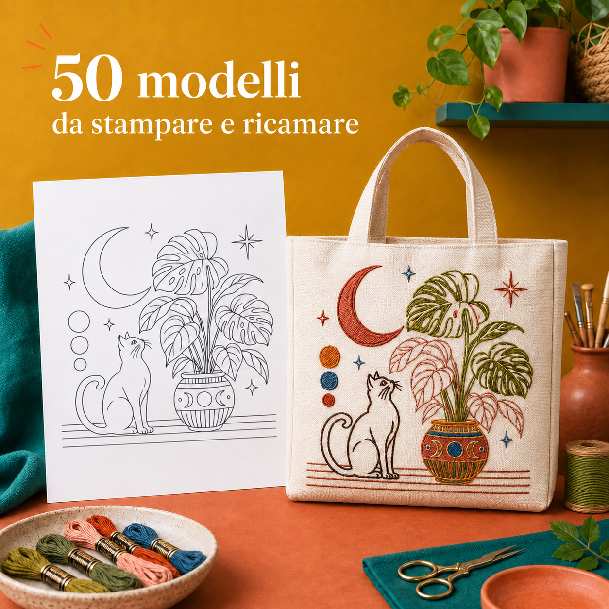 Esempio di gatto, luna e foglie: disegno e borsa ricamata