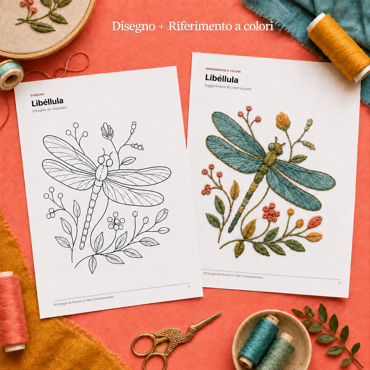 Disegno di libellula in bianco e nero accanto al riferimento ricamato a colori