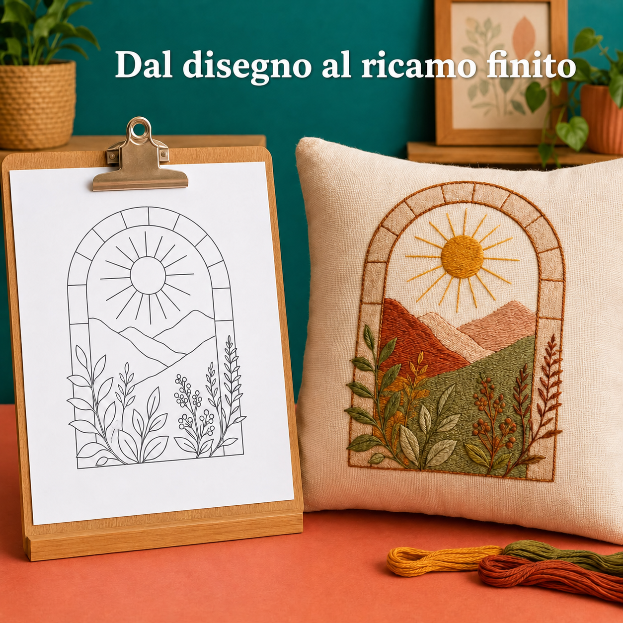 Esempio di paesaggio: disegno e cuscino ricamato