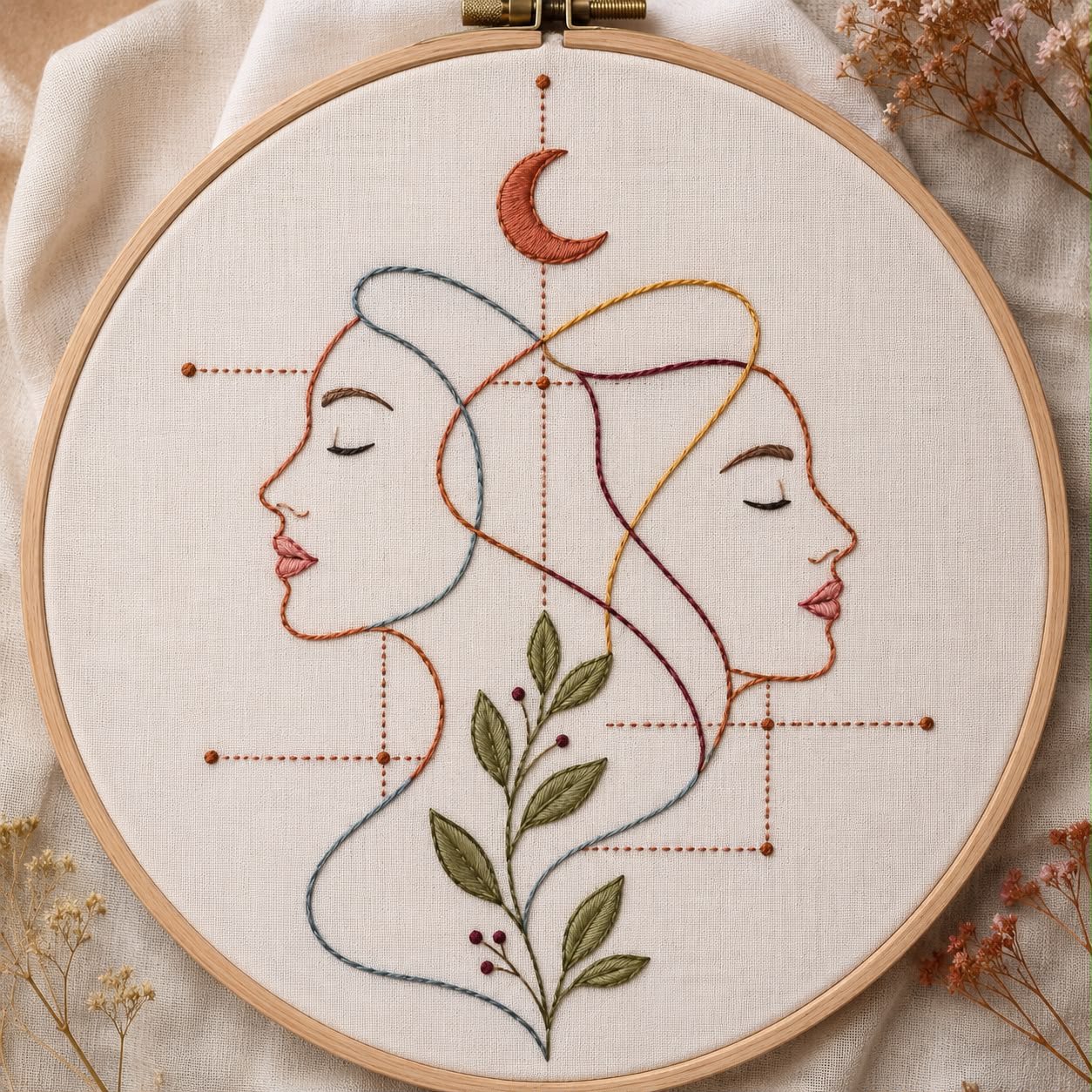 Telaio con ricamo contemporaneo di due volti e luna