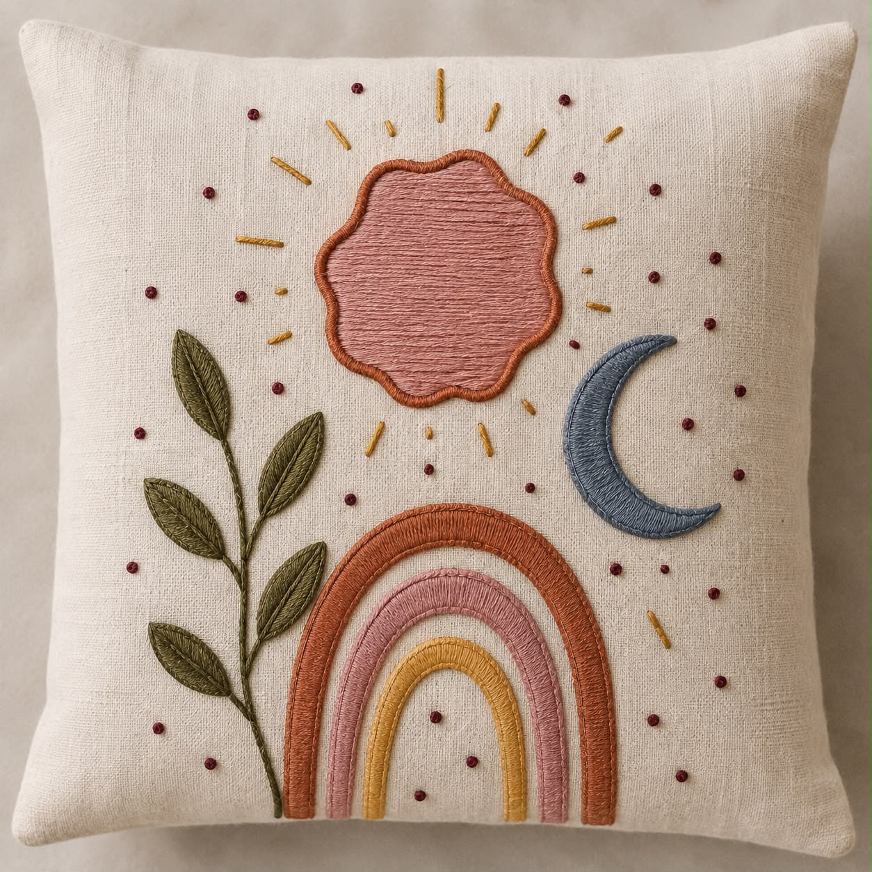 Cuscino ricamato con sole, luna e arcobaleno