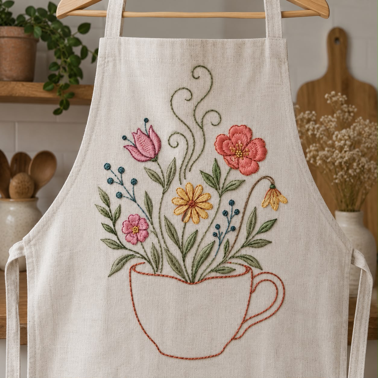 Grembiule con tazza e fiori ricamati