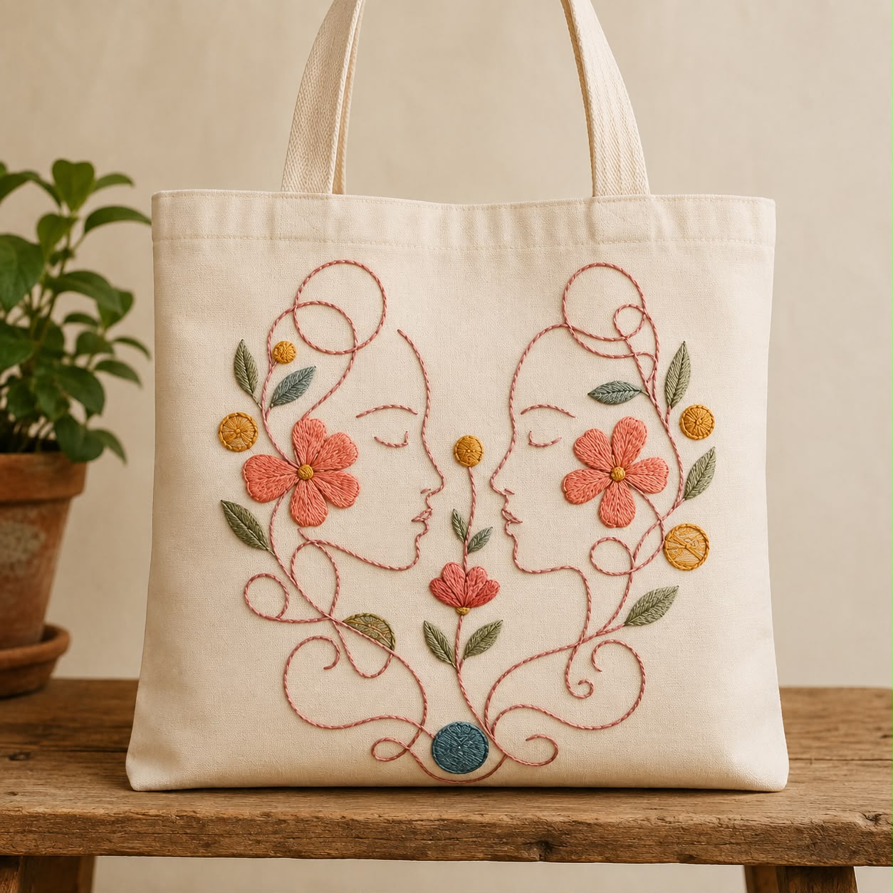 Borsa in tessuto con volti e fiori ricamati